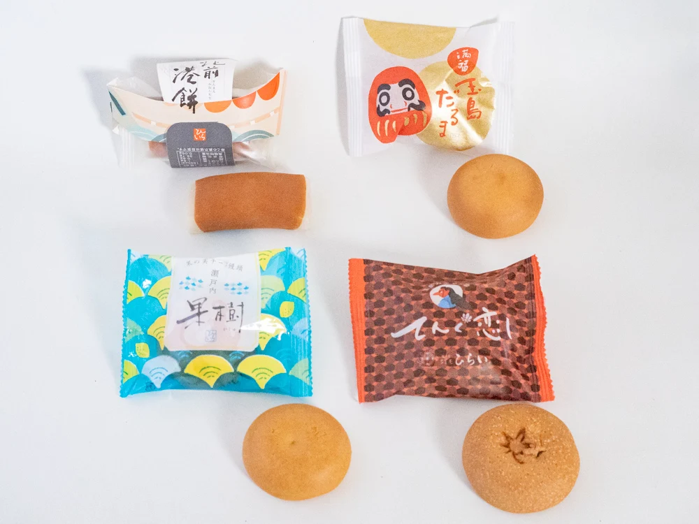 調布 北前港餅(左上)、玉島だるま(右上)、てんぐ恋し(右下)、瀬戸内 果樹(左下)
