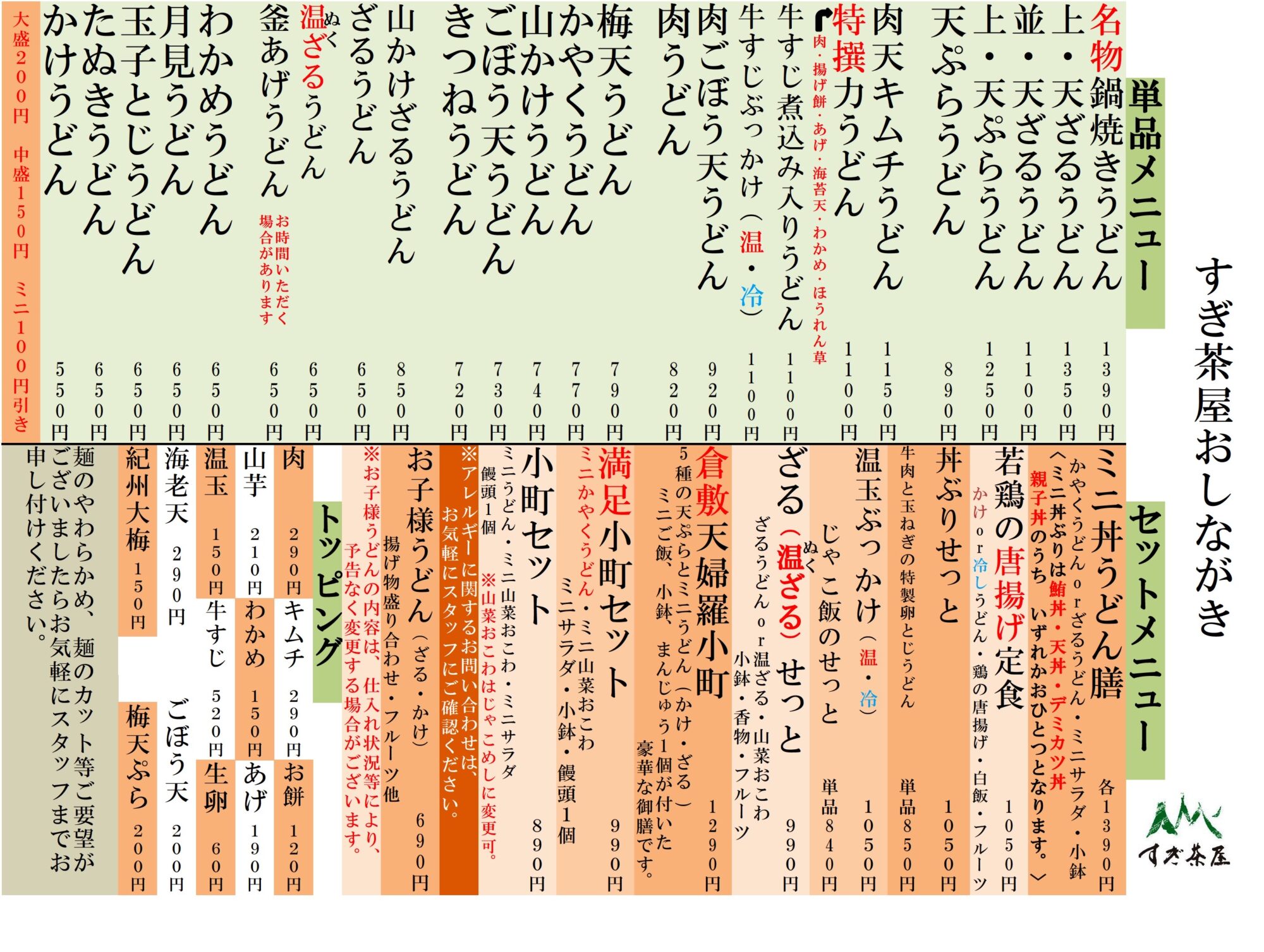 うどんメニュー