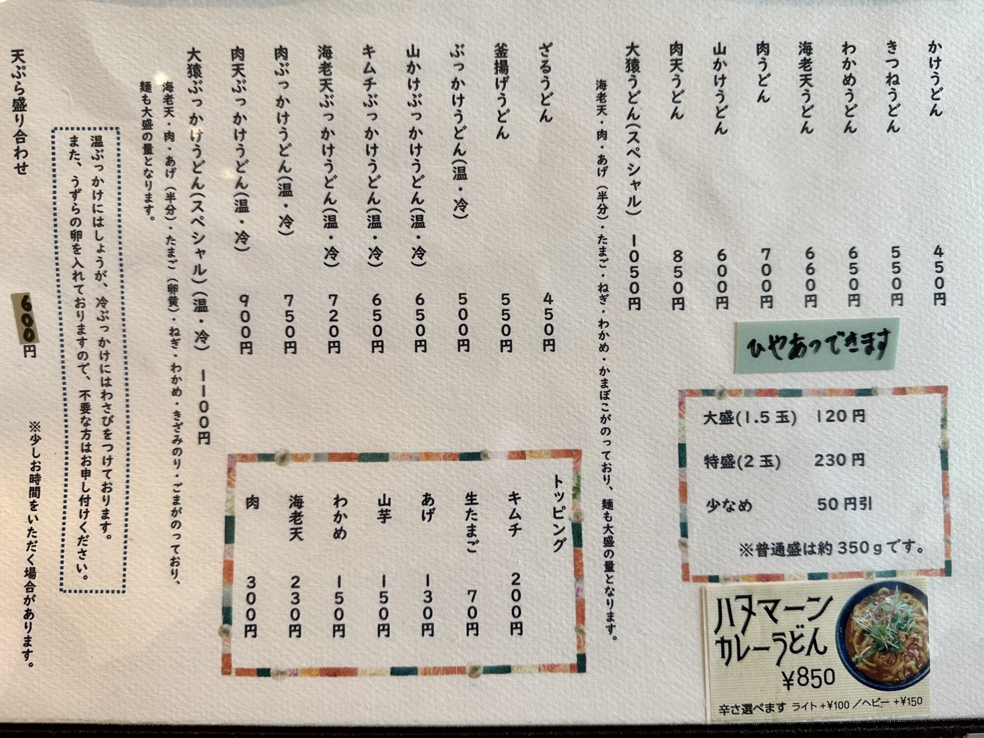 うどんメニュー