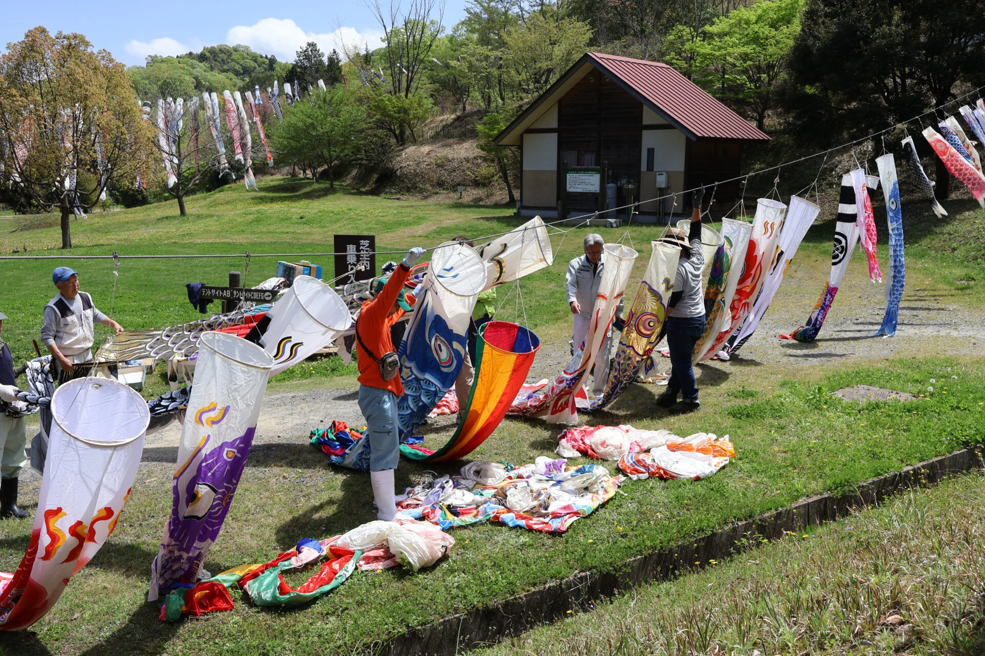 こいのぼりをあげる作業中